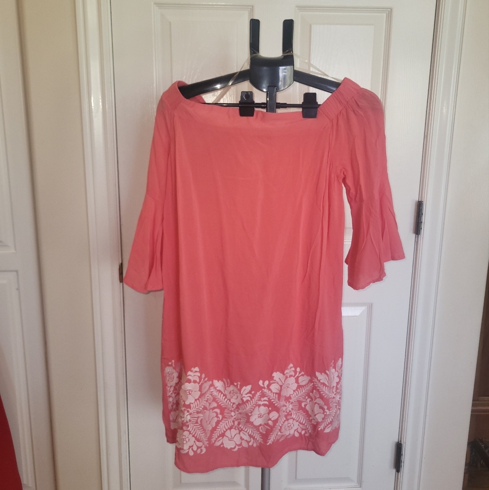 Coral Top/Coverup with Embriodered White Floral Design